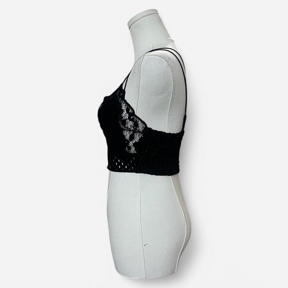 Free People Black Velvet Madonna Sheer Floral Lace Smocked Cropped Bra Top XS - Picture 5 of 8